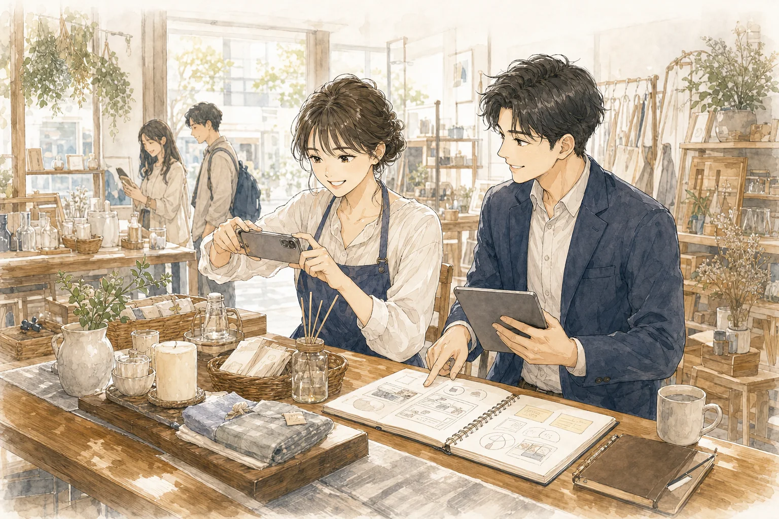 店舗の商品撮影と集客施策を確認する経営者と支援担当者のイラスト