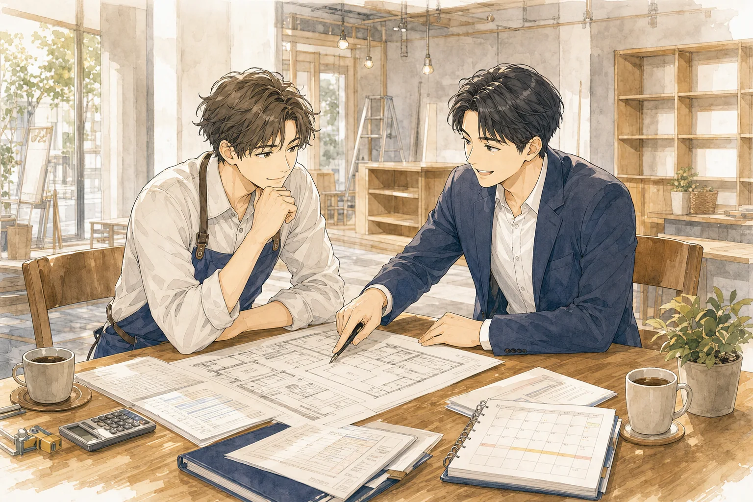 開業予定の店舗で事業計画と図面を確認する経営者と支援担当者のイラスト