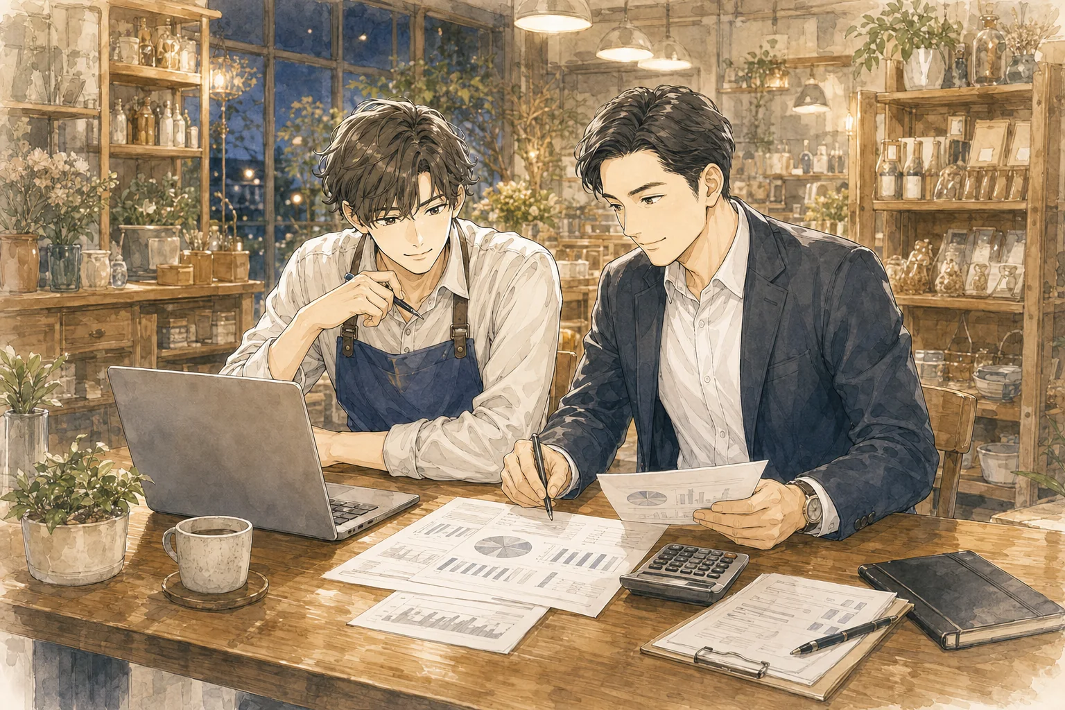 営業後の店舗で売上とコストを確認する経営者と支援担当者のイラスト