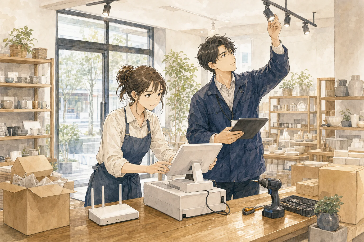 開店前の店舗でPOSや通信機器を確認する経営者と支援担当者のイラスト